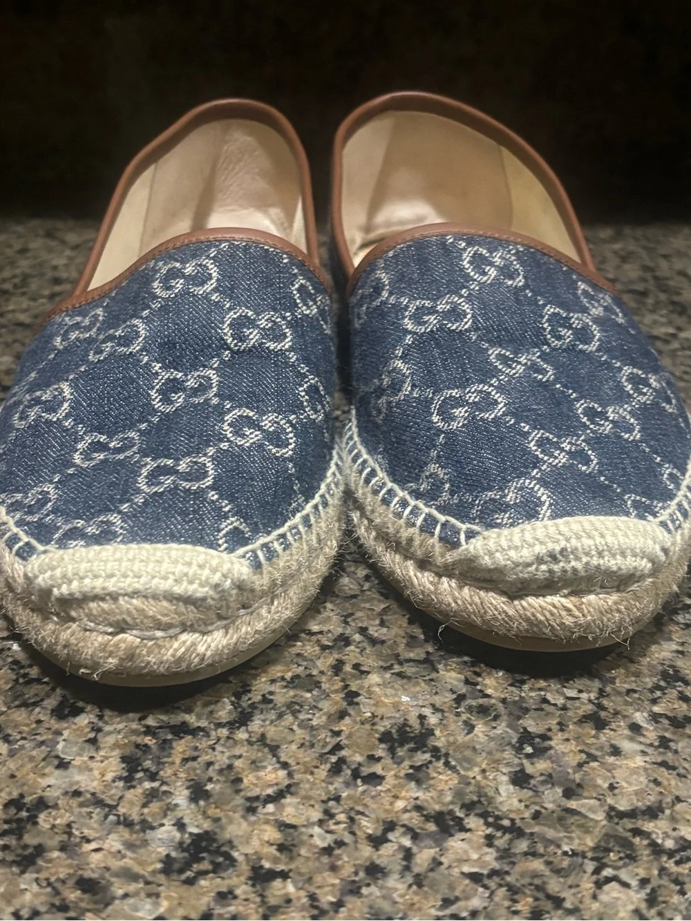 Gucci Denim Logo Espadrilles with Brown leather Trim